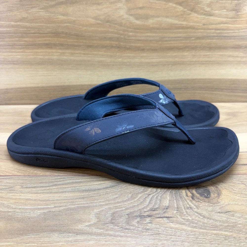 Olukai Ohana Flip Flops Womens 10 Blue Floral Thong Sandals Travel Casual - Picture 5 of 10
